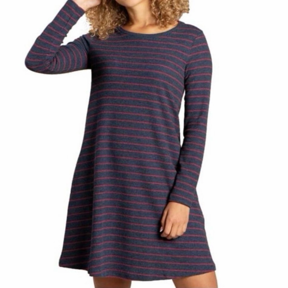 Toad&Co Navy & Red Striped Foothills Long Sleeve Swing Dress Outdoors Size XL